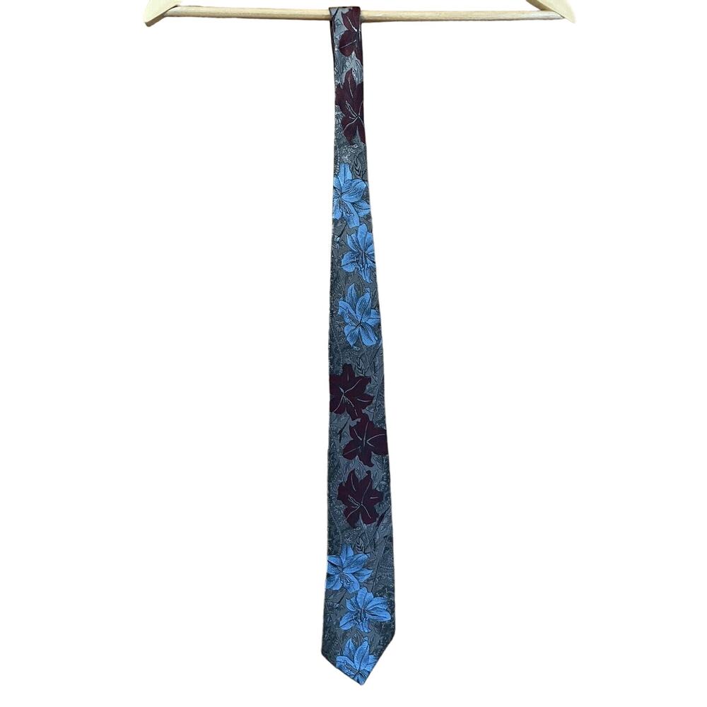Oscar De La Renta Vintage Mens Neck Tie grey with floral pattern silk blend